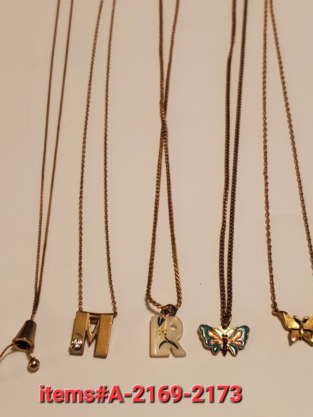 5 Gold Chain Necklaces with pendants, items # A-2169-2173, wt. 17 grams.